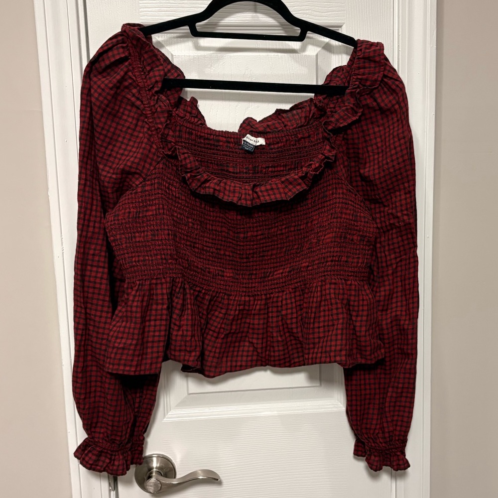 AE Red Plaid Ruffle cropped Blouse